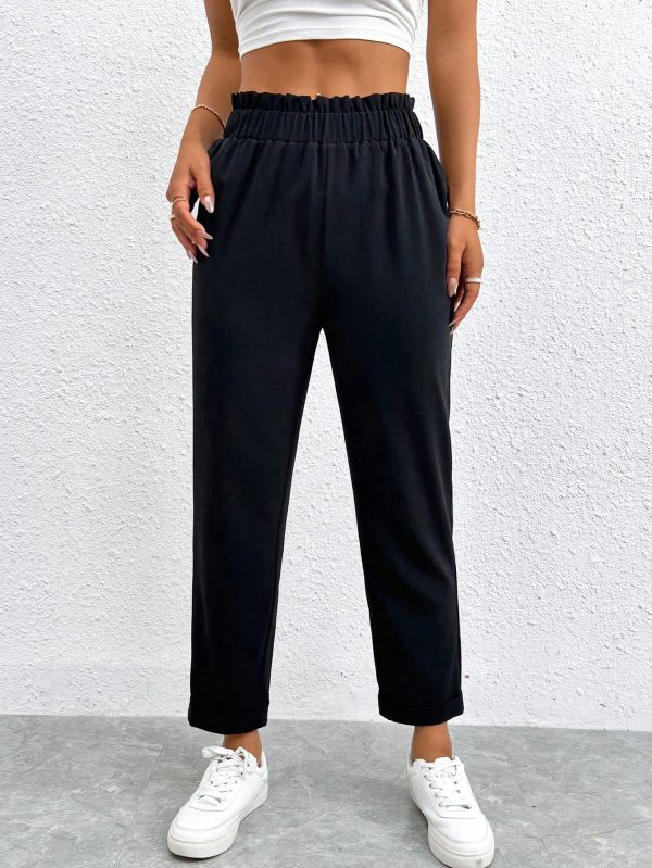 Solid Elastic Waist Cropped Pants