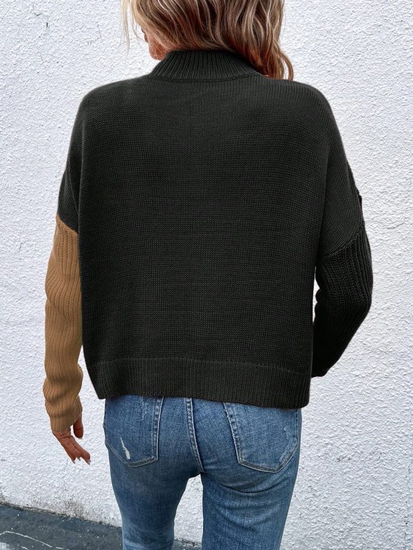 Women Colorblock Overlap Hem Stand Collar Drop Shoulder Long Sleeve Knit Sweater, Autumn/Winter