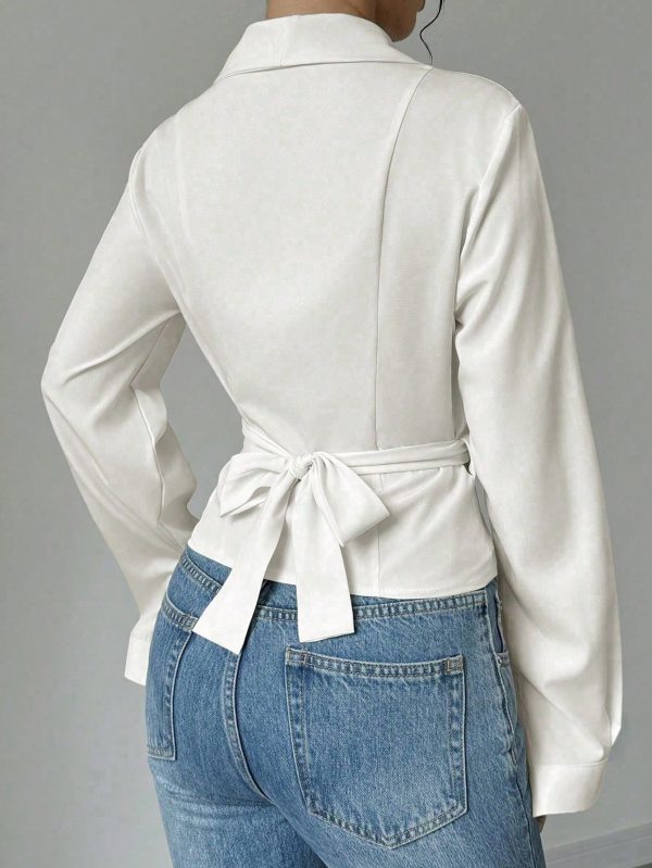 Apricot V-Neck Cinched Waist Bowknot Elegant Romantic Women Shirt