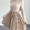 Ditsy Floral Print Mock Neck Belted Bottom&Top Two Tone A Line Floral Print Dress