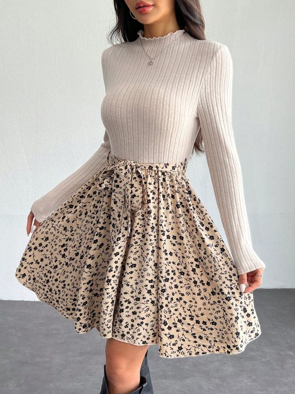 Ditsy Floral Print Mock Neck Belted Bottom&Top Two Tone A Line Floral Print Dress