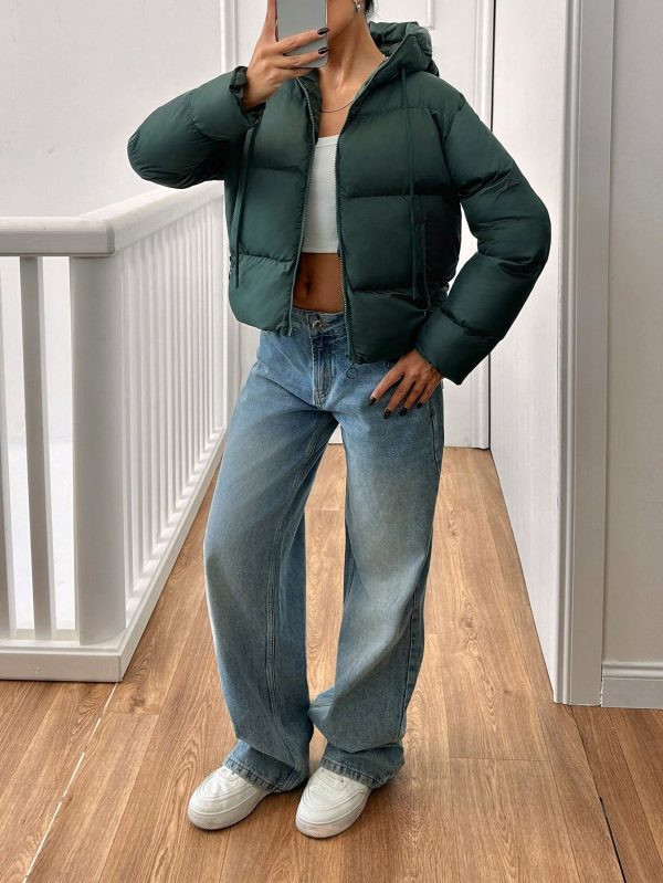 Solid Color Hooded Zip-Up Long Sleeve Jacket, Winter