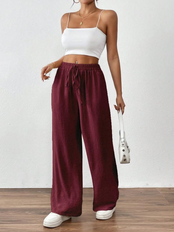 Women's Solid Color Front Tie Pocket Casual Long Pants, Daily Wear
