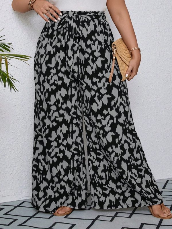 Plus Size Women Casual All-Over Print Elastic Waist Belt Loop Wide Leg Long Pants