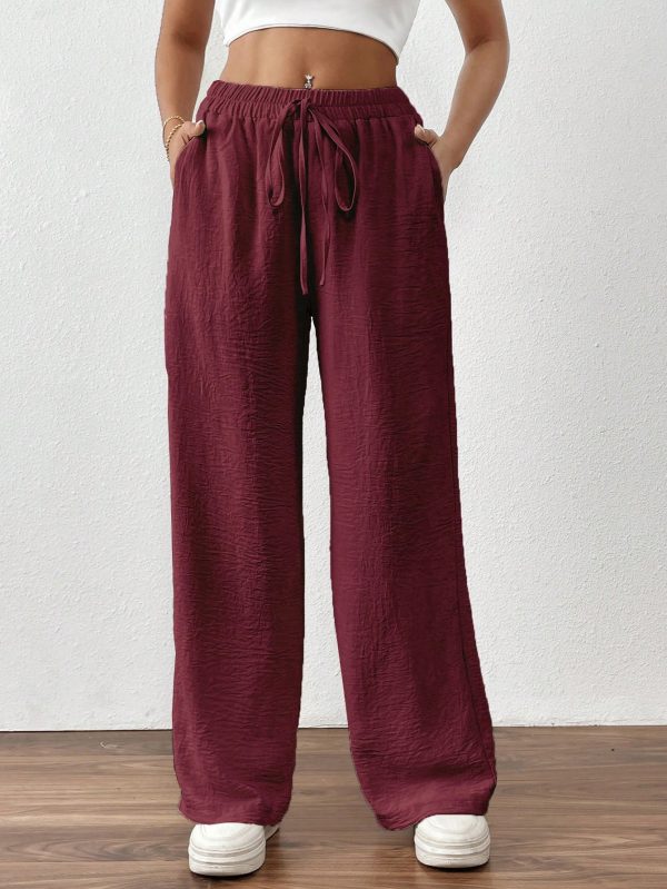 Women's Solid Color Front Tie Pocket Casual Long Pants, Daily Wear