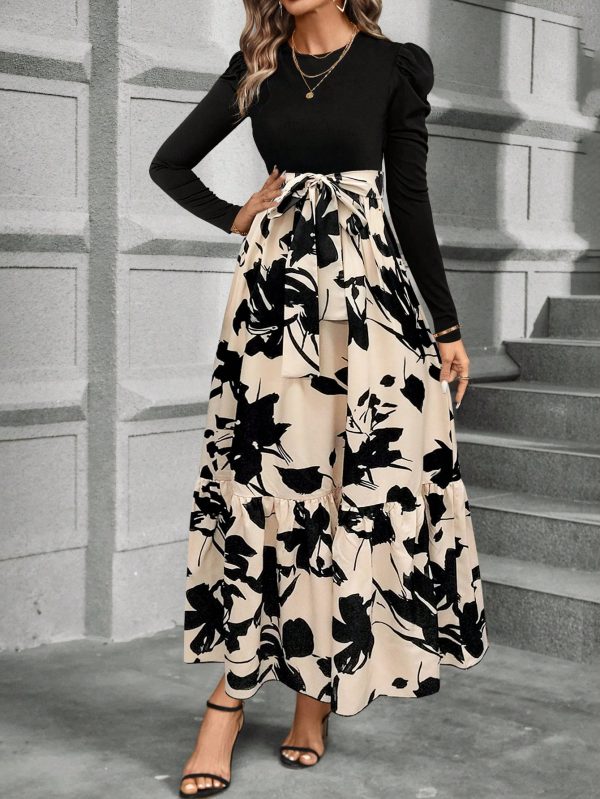 Women Short Length Patchwork Floral Print Waisted Long Sleeve Dress, Autumn/Winter