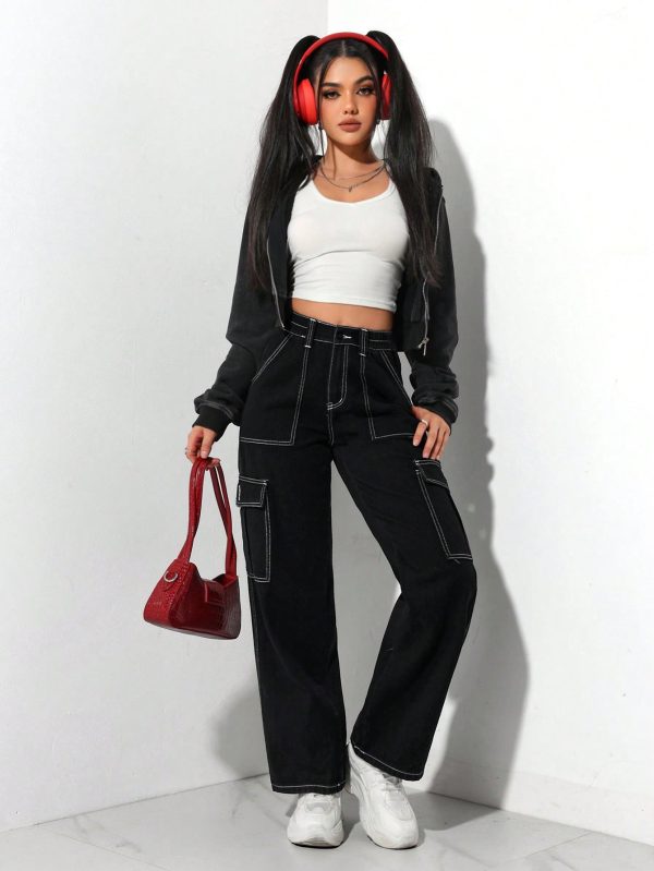 Black Elastic Waist Cargo Denim Straight Leg Pants