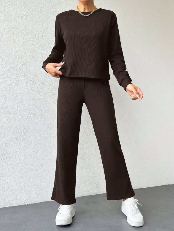 Cotton Women Solid Color Ribbed Tee & Pants