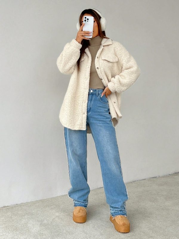 Dropped Shoulder Flap Detail Teddy Fur Coat