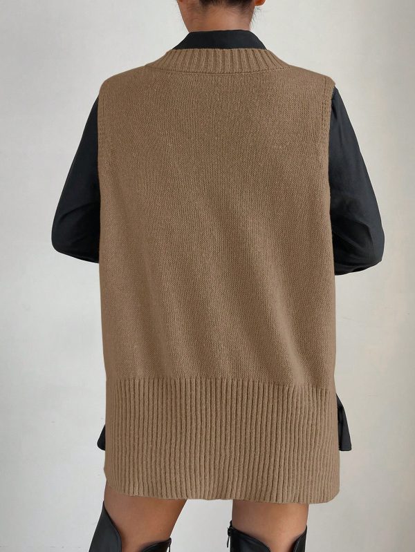 Women V-Neck Sleeveless Side Split Solid Color Fashion Loose Casual Knit Pullover Tank Top Vest