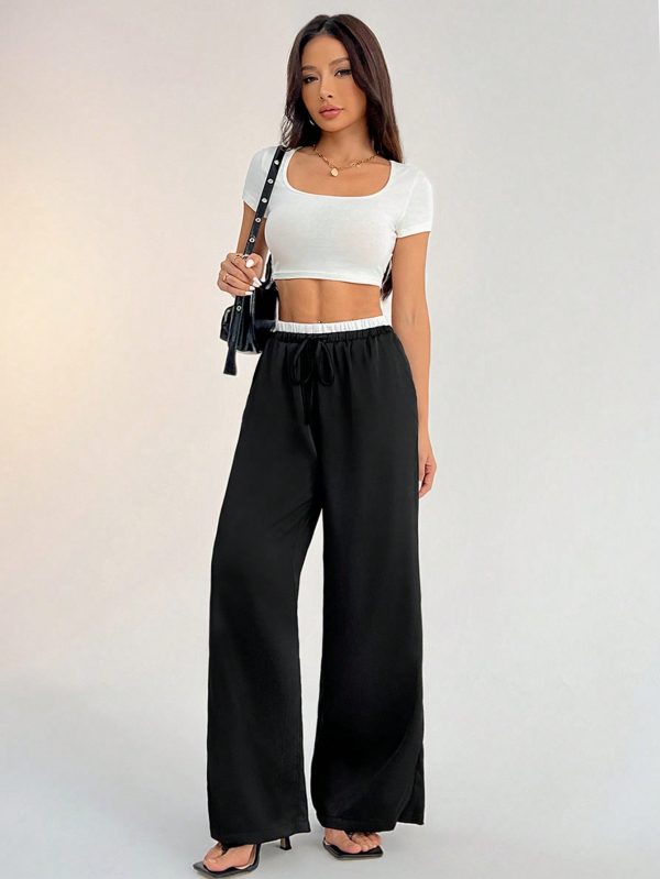 Contrast Color Double Waist Satin Glossy Women's Wide Leg Pants
