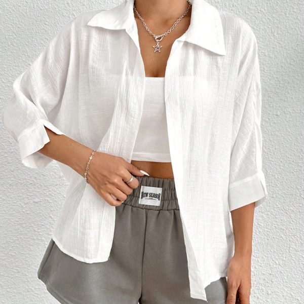 Spring White Solid Batwing Sleeve White Shirt
