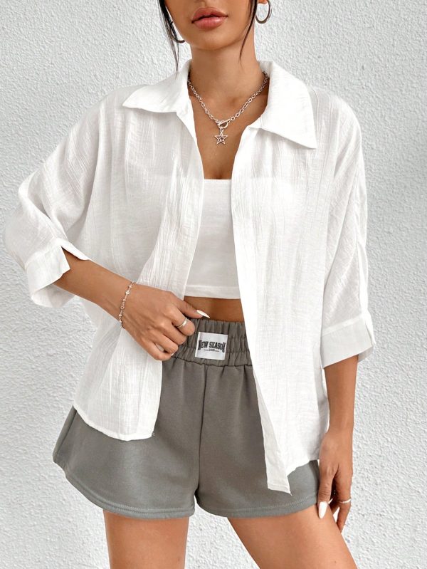Spring White Solid Batwing Sleeve White Shirt