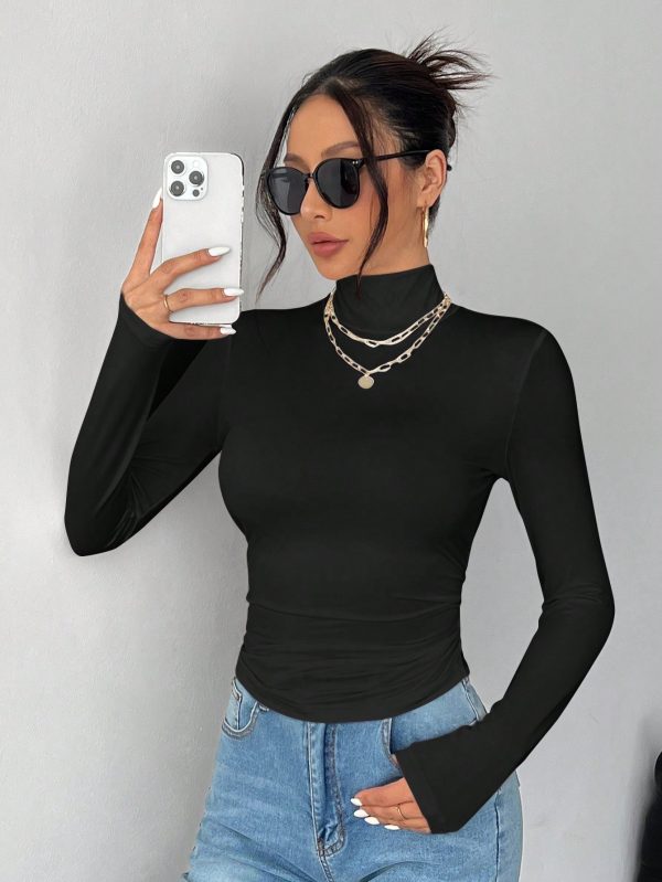 Solid Color Slim High Collar Long Sleeve White Top