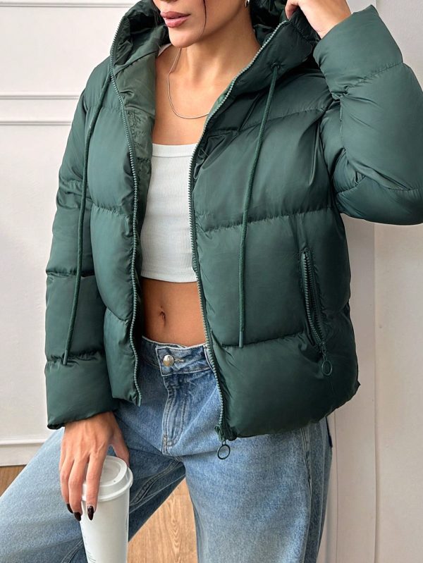 Solid Color Hooded Zip-Up Long Sleeve Jacket, Winter