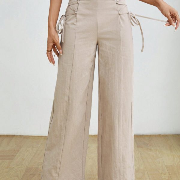 Women's Fashionable High-Waisted Khaki Wide Leg Pants With Belt