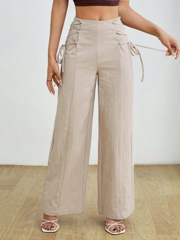 Women's Fashionable High-Waisted Khaki Wide Leg Pants With Belt