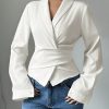 Apricot V-Neck Cinched Waist Bowknot Elegant Romantic Women Shirt