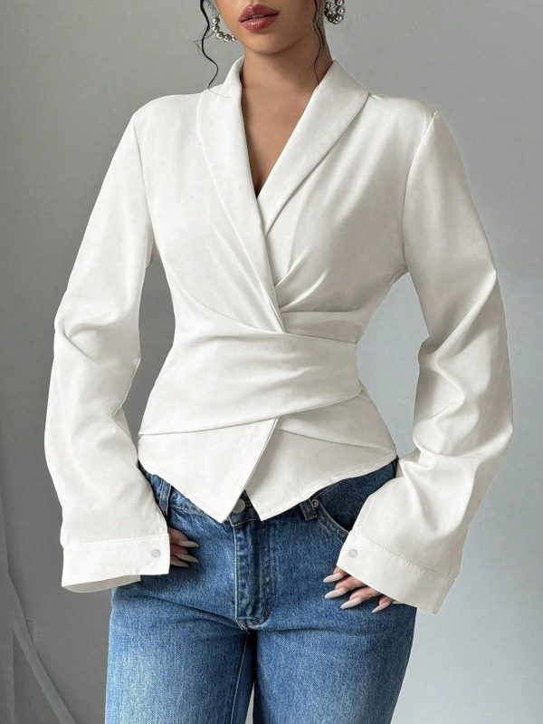 Apricot V-Neck Cinched Waist Bowknot Elegant Romantic Women Shirt