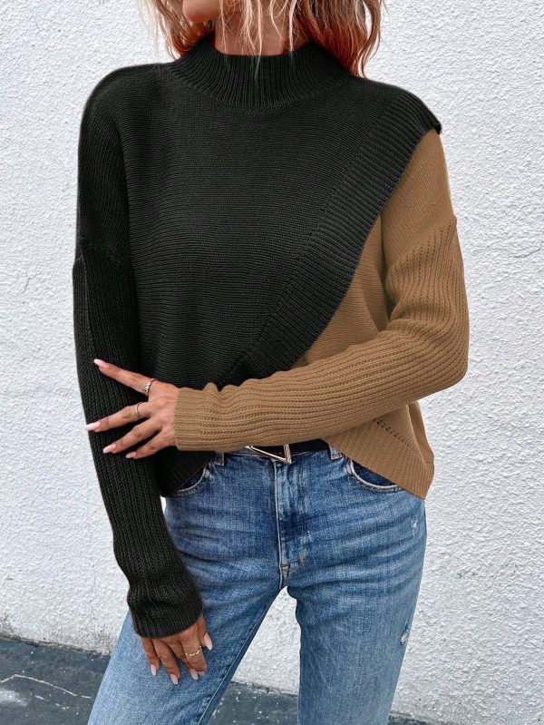 Women Colorblock Overlap Hem Stand Collar Drop Shoulder Long Sleeve Knit Sweater, Autumn/Winter