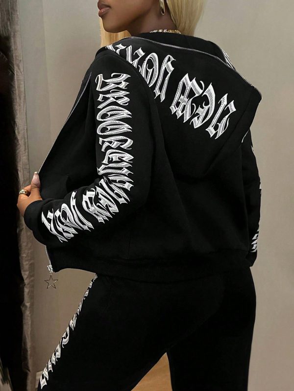 Casual Letter Print Zip-Up Hooded Sweatshirt, Autumn/Winter