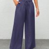 Women Plain Color Front Tie Pocket Design Wide Leg Pants, Casual Daily Wear