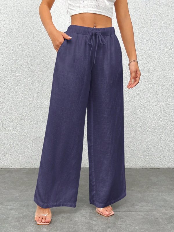 Women Plain Color Front Tie Pocket Design Wide Leg Pants, Casual Daily Wear