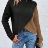 Women Colorblock Overlap Hem Stand Collar Drop Shoulder Long Sleeve Knit Sweater, Autumn/Winter
