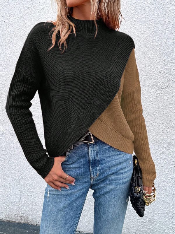 Women Colorblock Overlap Hem Stand Collar Drop Shoulder Long Sleeve Knit Sweater, Autumn/Winter