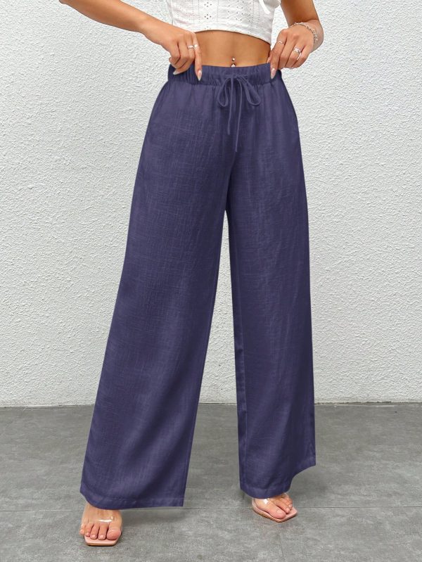 Women Plain Color Front Tie Pocket Design Wide Leg Pants, Casual Daily Wear
