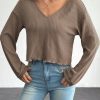 Fashionable Wavy Edge V-Neck Long-Sleeved T-Shirt Suitable For Autumn And Winter