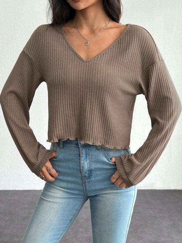 Fashionable Wavy Edge V-Neck Long-Sleeved T-Shirt Suitable For Autumn And Winter