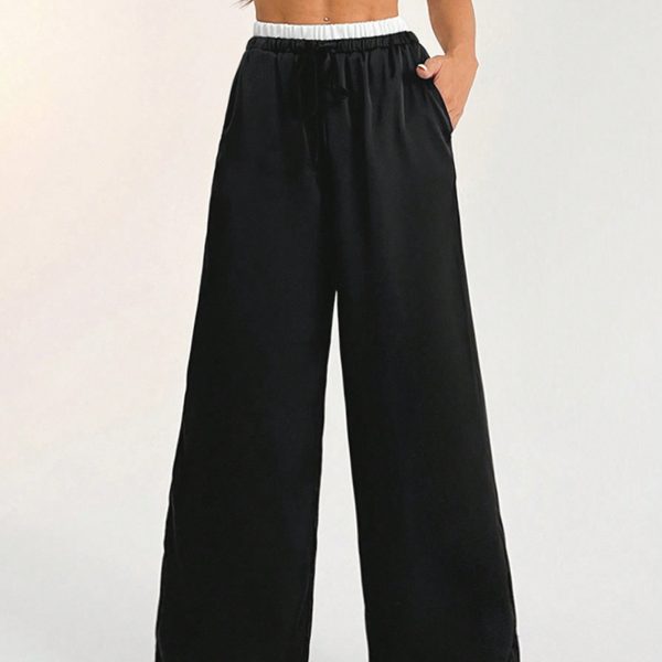 Contrast Color Double Waist Satin Glossy Women's Wide Leg Pants