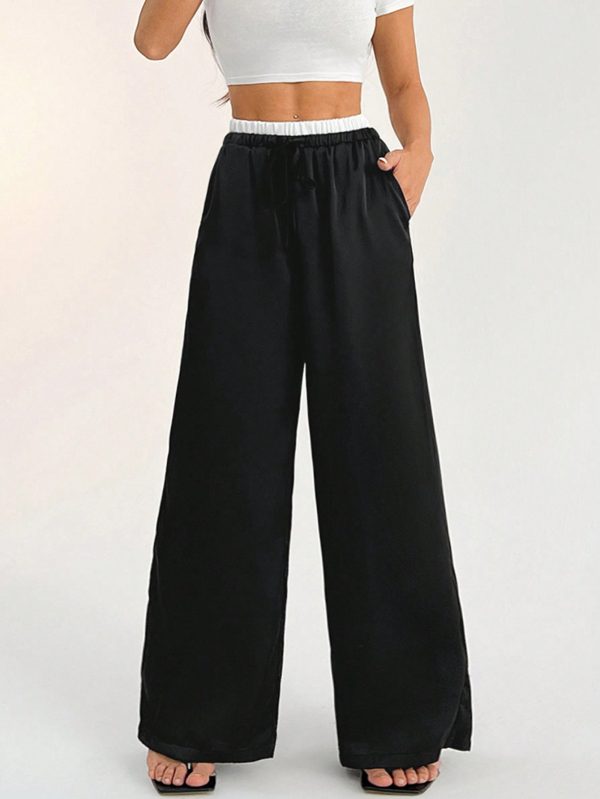 Contrast Color Double Waist Satin Glossy Women's Wide Leg Pants