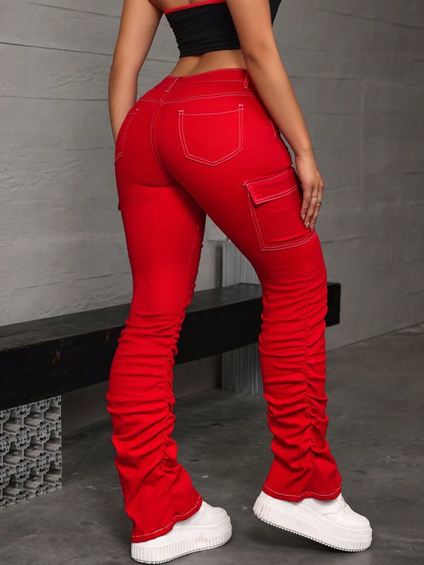 Women's Cargo Pocket Pleated Skinny Casual Fashion Jeans