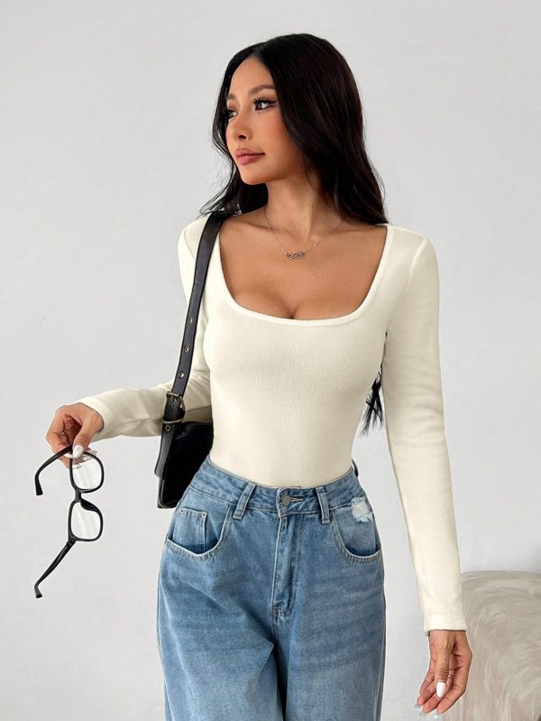 Solid Color Scoop Neck Spring Women's Fleece T-Shirt