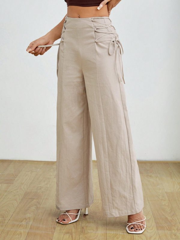 Women's Fashionable High-Waisted Khaki Wide Leg Pants With Belt