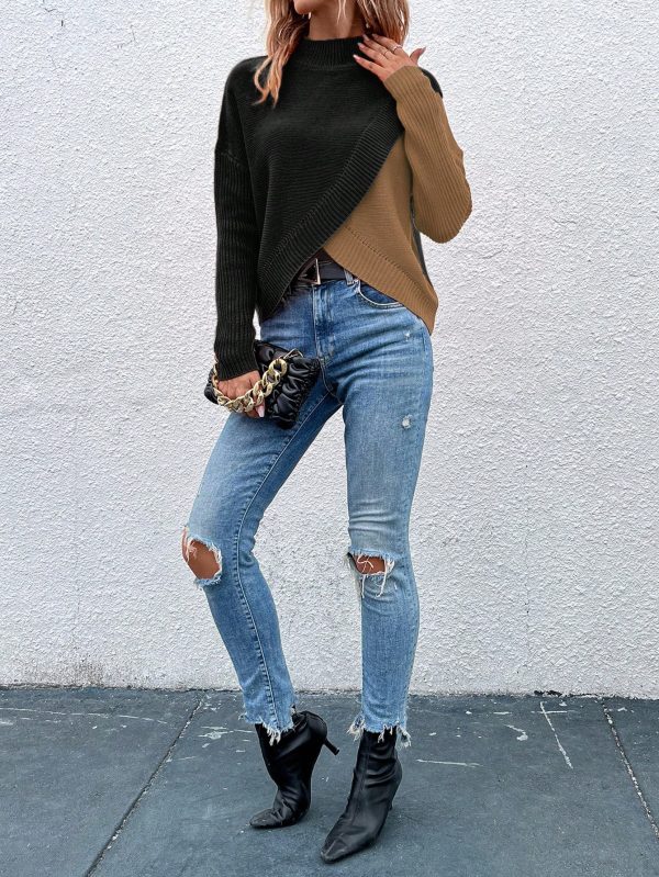 Women Colorblock Overlap Hem Stand Collar Drop Shoulder Long Sleeve Knit Sweater, Autumn/Winter