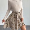 Ditsy Floral Print Mock Neck Belted Bottom&Top Two Tone A Line Floral Print Dress