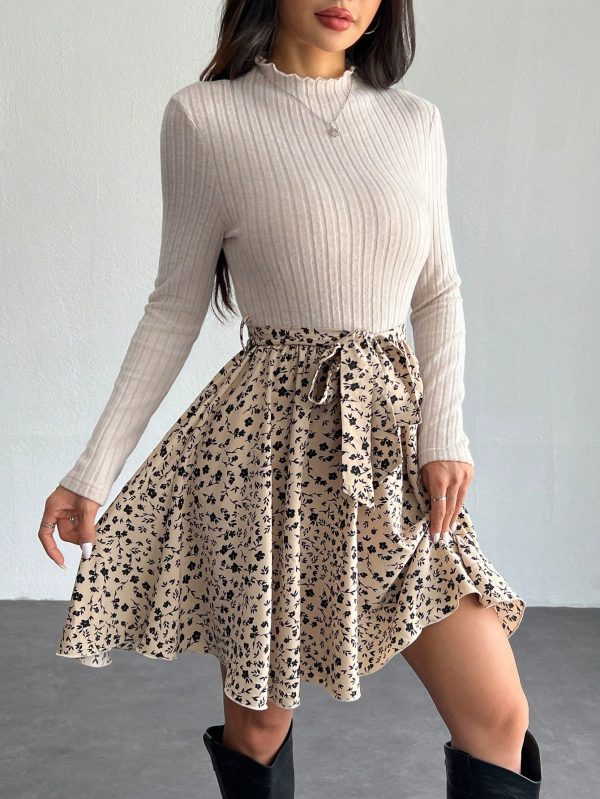 Ditsy Floral Print Mock Neck Belted Bottom&Top Two Tone A Line Floral Print Dress