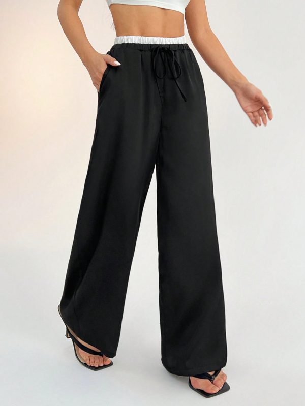 Contrast Color Double Waist Satin Glossy Women's Wide Leg Pants