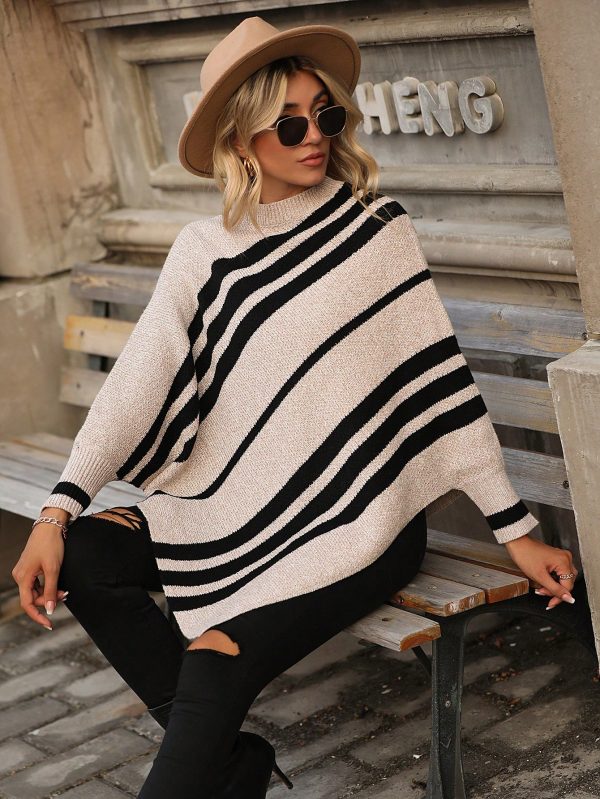 Oversized Simple Pullover Women Striped Batwing Long Sleeve Sweater
