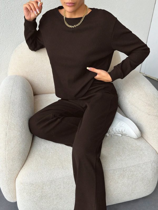 Cotton Women Solid Color Ribbed Tee & Pants
