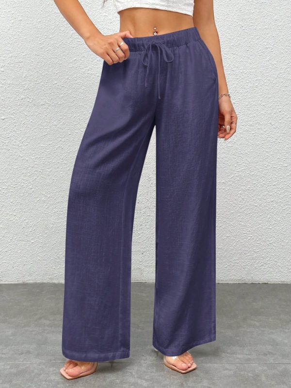 Women Plain Color Front Tie Pocket Design Wide Leg Pants, Casual Daily Wear