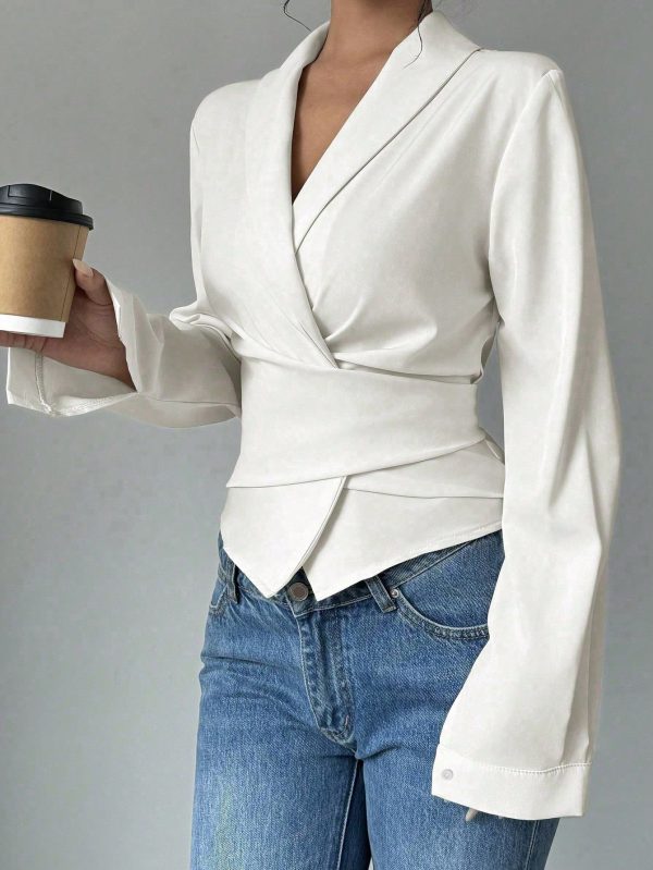 Apricot V-Neck Cinched Waist Bowknot Elegant Romantic Women Shirt