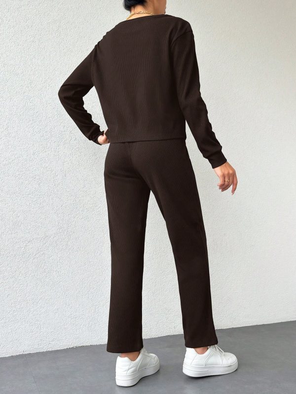 Cotton Women Solid Color Ribbed Tee & Pants