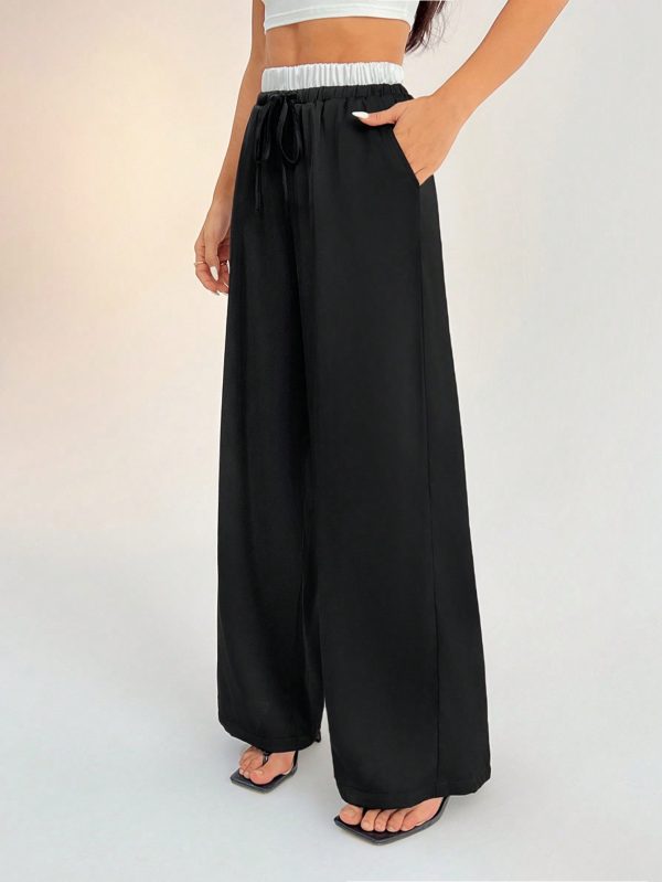Contrast Color Double Waist Satin Glossy Women's Wide Leg Pants