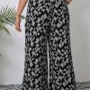 Plus Size Women Casual All-Over Print Elastic Waist Belt Loop Wide Leg Long Pants