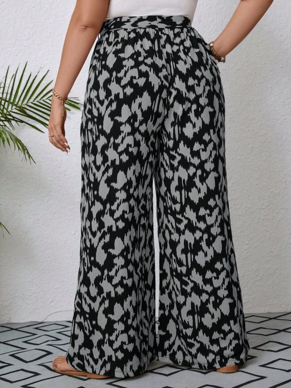 Plus Size Women Casual All-Over Print Elastic Waist Belt Loop Wide Leg Long Pants