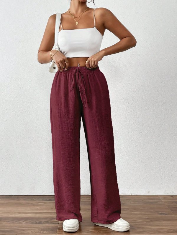 Women's Solid Color Front Tie Pocket Casual Long Pants, Daily Wear